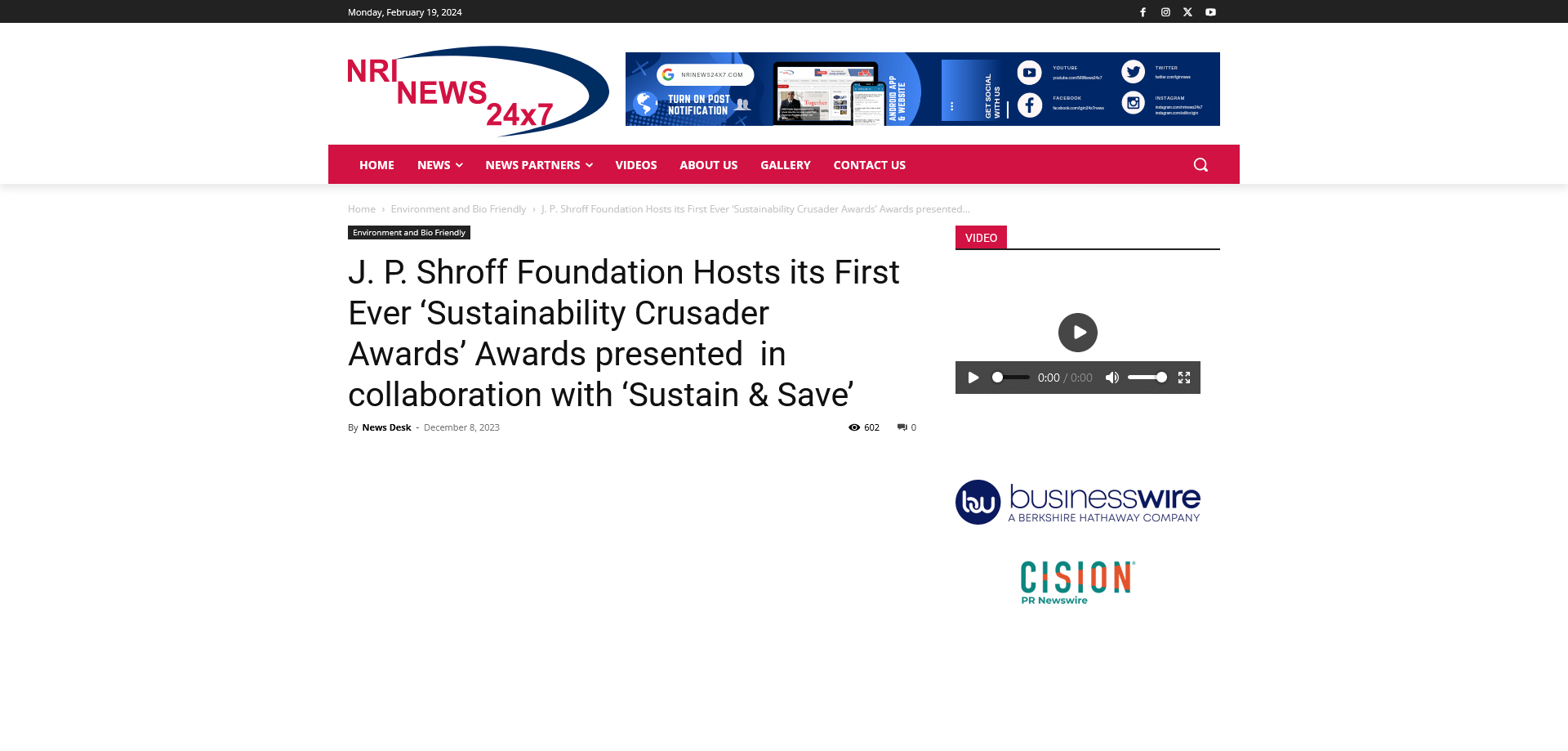J P Shroff Foundation hosts its 1st ever 'Sustainability Crusader Awards' - United News of India
